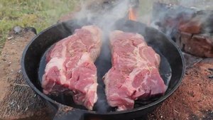 ASMR, жарим мясо, отдых на природе, стейк на сковороде, мясо на костре, steak, cooking on a campfir