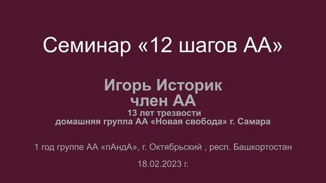 Игорь Историк (г. Самара), Семинар "12 Шагов АА", 18.02.2023 смотреть онлайн