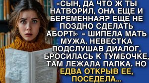НЕВЕСТКА ПОДСЛУШАЛА ДИАЛОГ, БРОСИЛАСЬ К ТУМБОЧКЕ, ТАМ ЛЕЖАЛА ПАПКА. НО ЕДВА ОТКРНЕВЕСТКА ПОДСЛУШАЛА