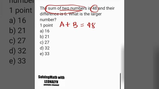 The sum of two numbers is 48 and their difference is 6. What is the larger number? смотреть онлайн