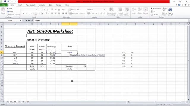 How to add formula in excel sheet to get the sum, grade, percentage, average
