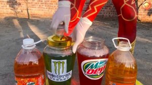 Experiment: Spider-Man experiences with Big Coca Cola, Fanta, Pepsi, Many Mentos in the ground