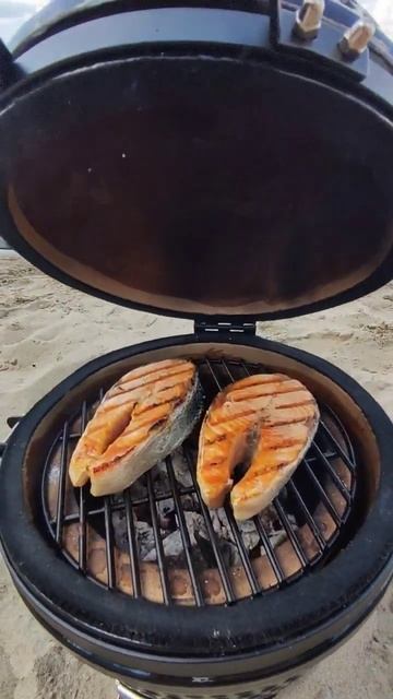 Стейки из сёмги на берегу Оби, в керамическом гриле!😋 #food #fish #salmon #grill #керамическийгриль