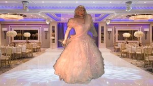 Crossdresser modeling pink Ellyanna prom queen dress with a tiara