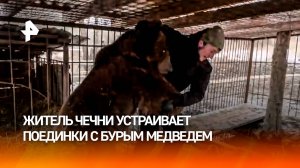 Медведь-борец укладывает хозяина на лопатки: чеченец спаррингуется с "косолапым"