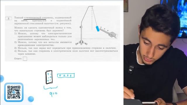 Тонкий алюминиевый стержень, подвешенный на нити, притянулся к поднесённой заряженной - №20049