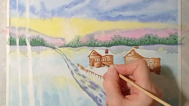 Зимний пейзаж.  Домики  - акварель - видеоурок. Художник Ирина Тимофеева.