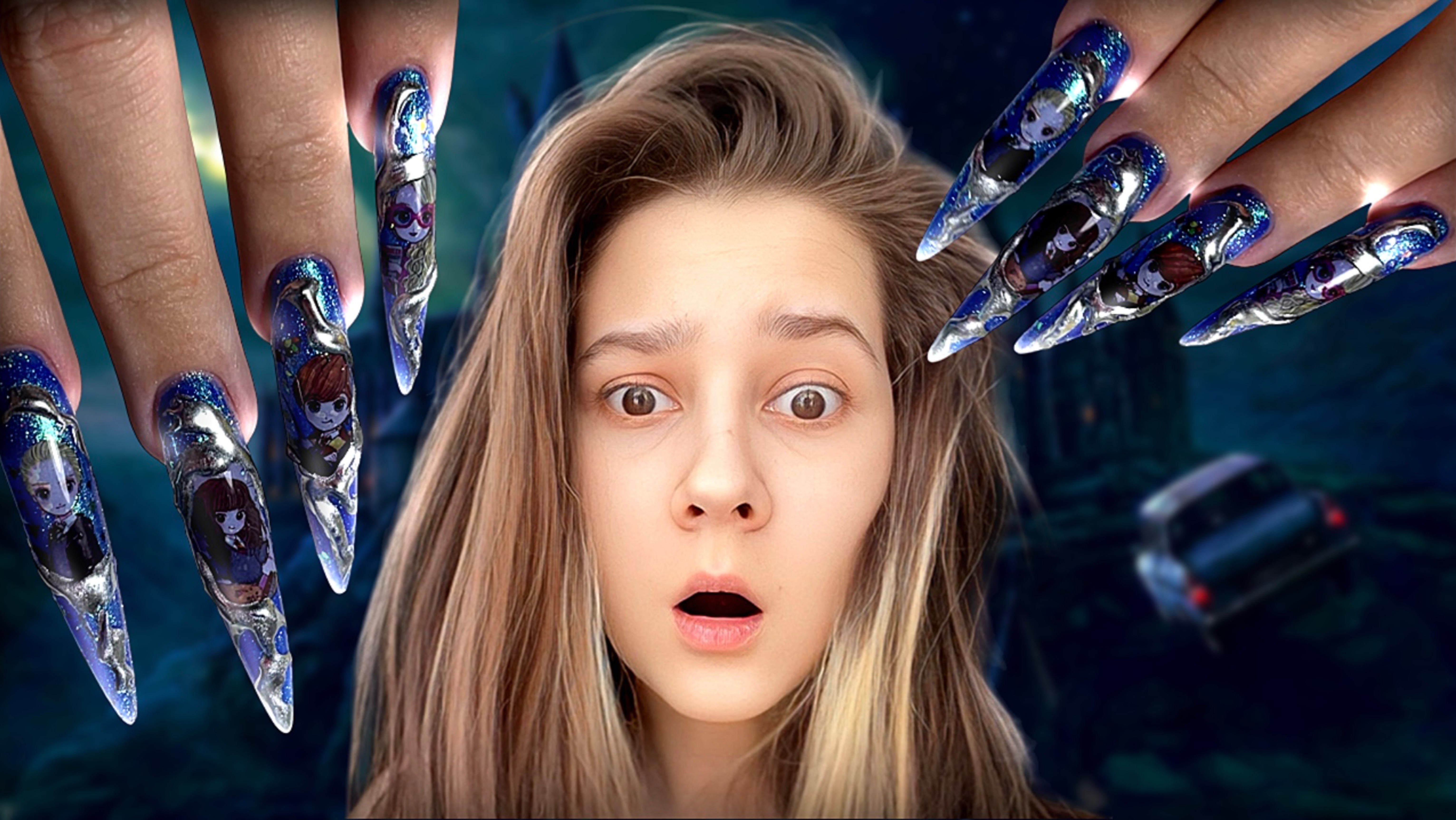 NAIL ART ГАРРИ ПОТТЕР, НАРАЩИВАНИЕ на ГЕЛЕВЫЕ типсы + ЛУЧШИЙ синий ГЕЛЬ