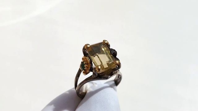 Серебряное Кольцо ручной работы с натуральным Лимонным Кварцем и Хромдиопсидом