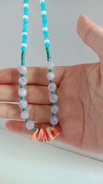 Natural turquoise Spiny Oyster  with Spodumene Kunzite Amazonite gemstone pendant necklace