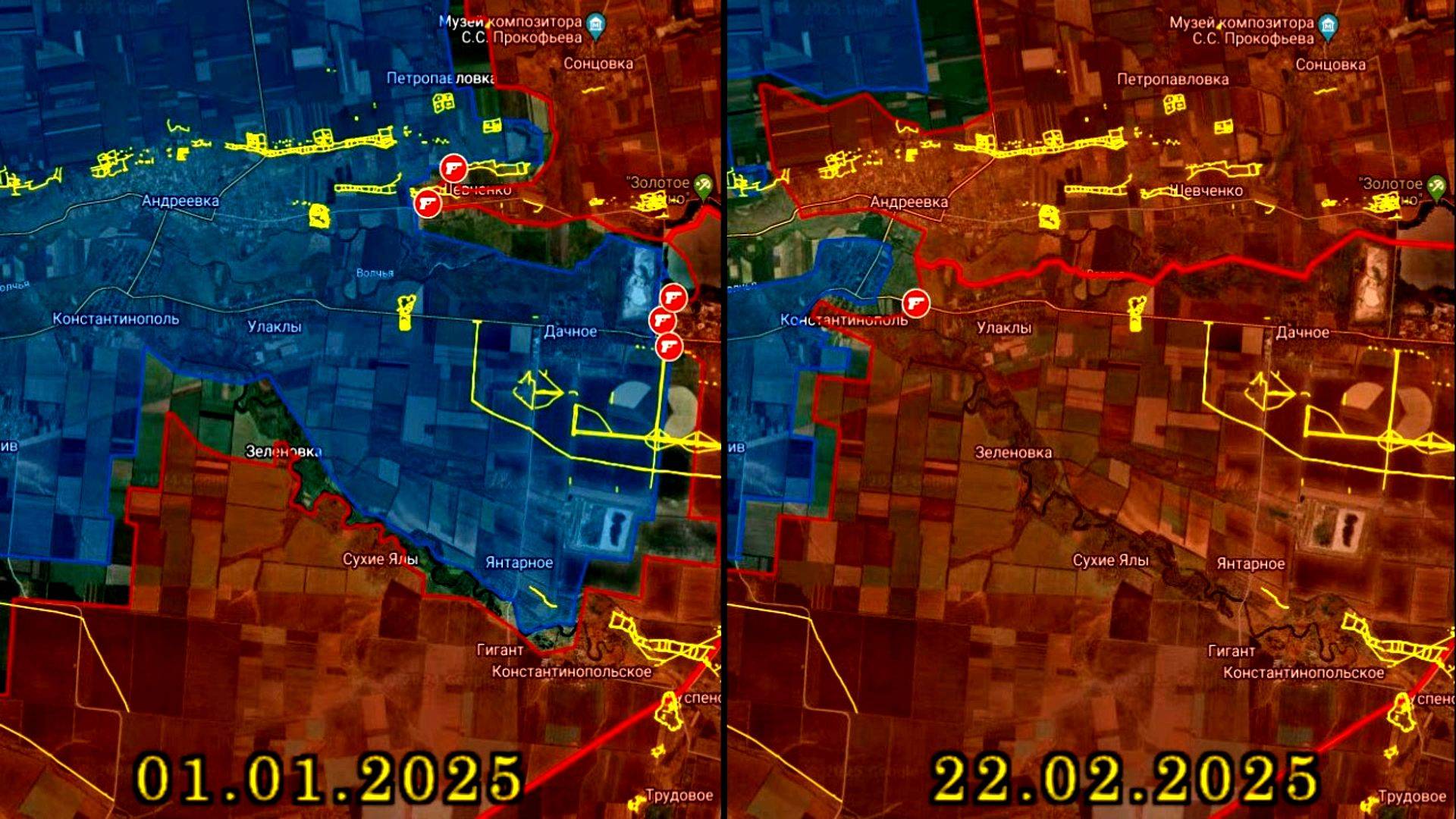 Карта боевых действий за Дачное, Улаклы и Андреевку с январь по февраль 2025 года
