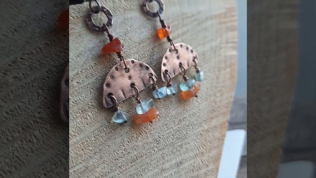 Длинные этнические серьги с флюоритом и сердоликом, серьги из меди ручной работы