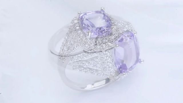 Amethyst & White Zircon Cushion Double Halo Ring in Rhodium over Sterling Silver 4.20ctw