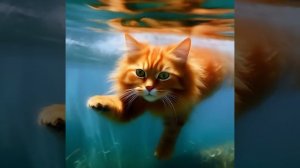 Котик Рыжик плавает с рыбками