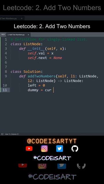 Leetcode 2. Add Two Numbers in Python | Python Leetcode | Python Coding Tutorial | Python Interview