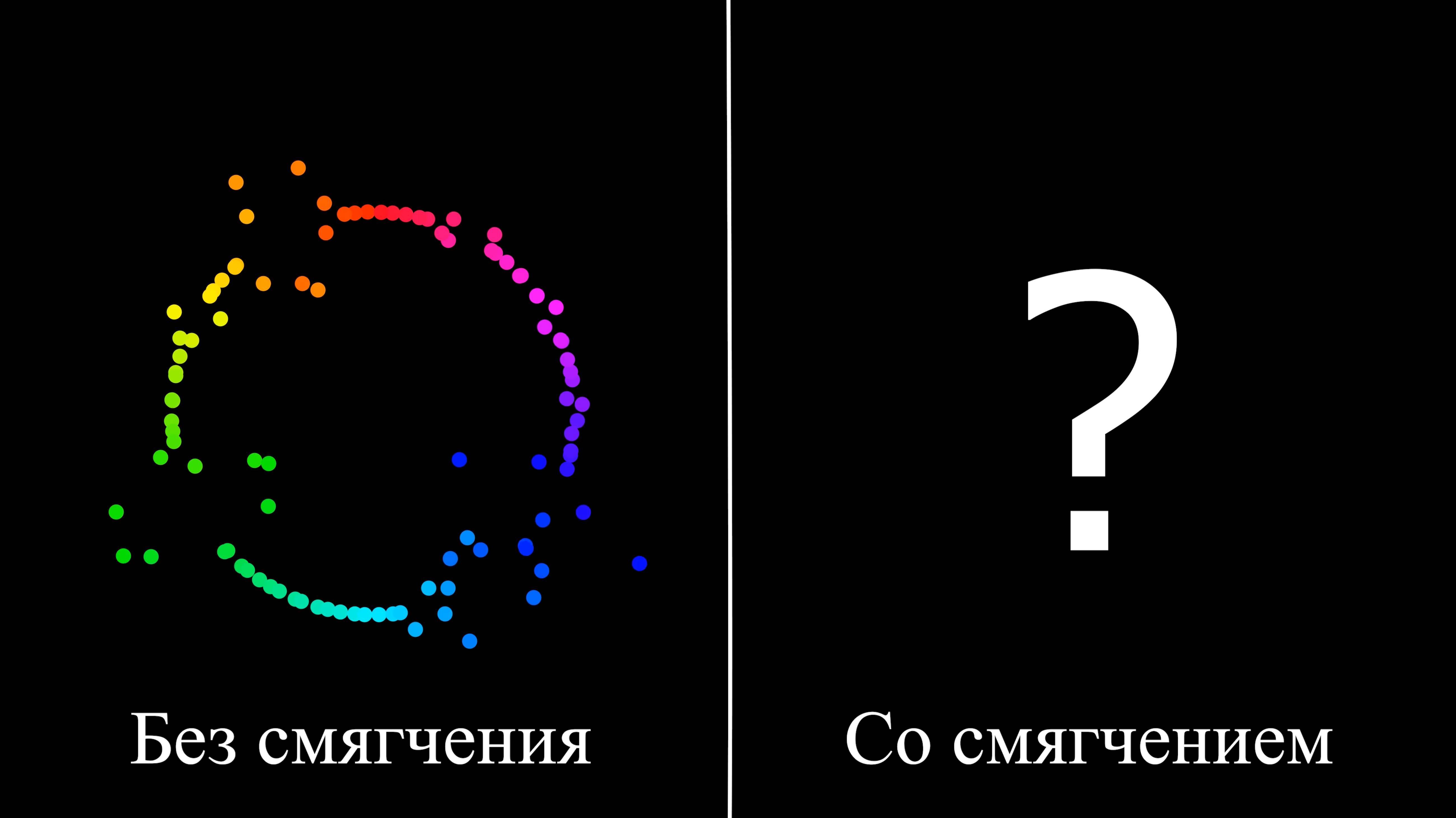 Вкл/Выкл смягчение для 100 тел, движущихся по окружности | Симуляция задачи N тел