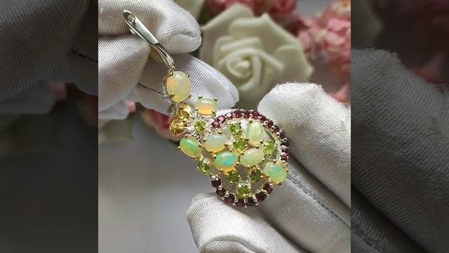 Серьги с разноцветными опалами и самоцветами I Серебро 925 пробы