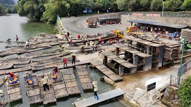 Китай. Деревня Яншо. Транспортировка бамбуковых плотов. China, Yangshuo. Bamboo rafts transporting. смотреть онлайн