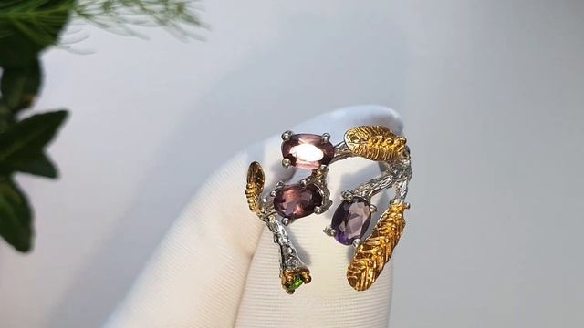Серебряное Кольцо ручной работы с Аметистами и Хромдиопсидом / магазин Рубиновая Мечта