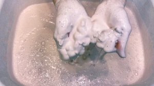 Big pink paste. Mixing dry pastes and 4 cans cleaning powder. Squeezing sponge. Without gloves. ASM