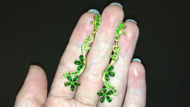 Длинные серебряные серьги с хромдиопсидами (в лимонном золоте)