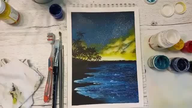 Гуашь. Ночное небо