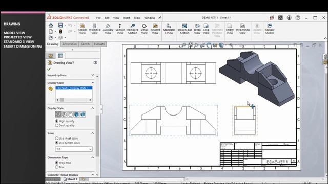 SOLIDWORKS 2024 | TUTORIAL 21 | MODELVIEW, PROJECTEDVIEW, STANDARD 3 VIEW, SMART DIMENSION | தமிழில