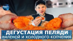 ПЕЛЯДЬ вяленая и холодного копчения. Дегустация в торговом зале. Вкусно, Жирно, Проверка качества.