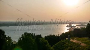 Sunrise over the Volga. Ships in the morning sun. Nizhny Novgorod, Russia