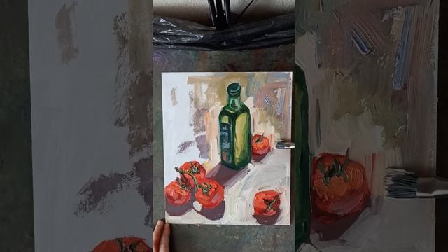 Процесс написания натюрморта с натуры помидоры и бутылка масла #живопись #oilart #oilpainting смотреть онлайн
