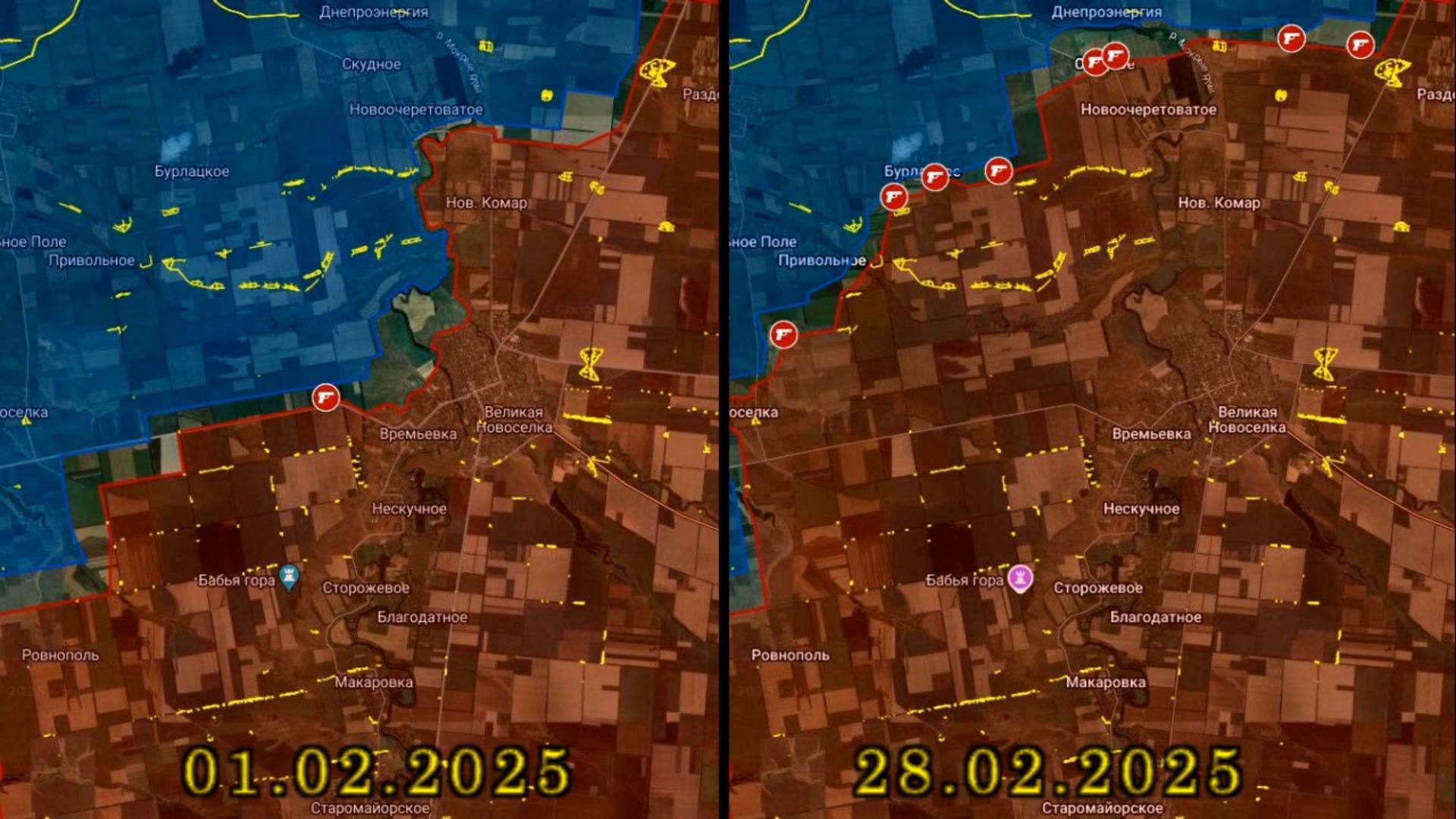 Карта боевых действий. Изменение линии фронта у Великой Новоселки за февраль 2025 года
