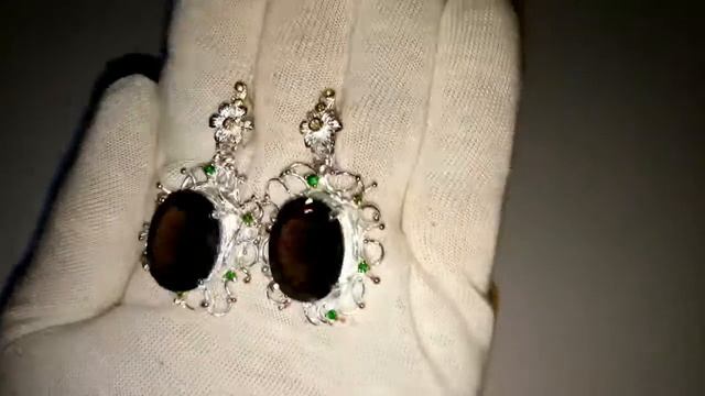 Серьги ручной работы с натуральным Дымчатым Кварцем (Раухтопазами), Хромдиопсидом и Цитринами