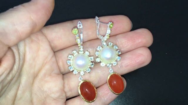 Длинные серебряные серьги Жемчуг & Сердолик