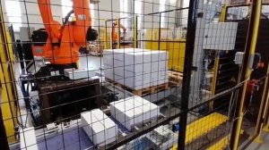 Роботизированный комплекс КУКА упаковка картонных шоу боксов -корм для животных на паллету