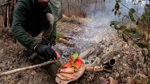 Строительство убежища для выживания в сильный дождь - зимний кемпинг, звуки природы, кулинария