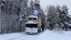 Снегоочиститель СДП закрывает крылья и поднимает нож перед переездом. Сзади ТЭМ2 1064.