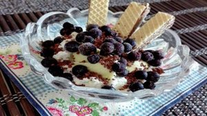 Творожный десерт с вафлями, черникой и фисташковым мороженым