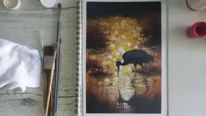 Гуашь. Закат и цапля