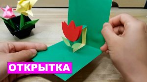 Простая 3D открытка с тюльпаном своими руками для детей. Раскрывающиеся открытка сделай сам