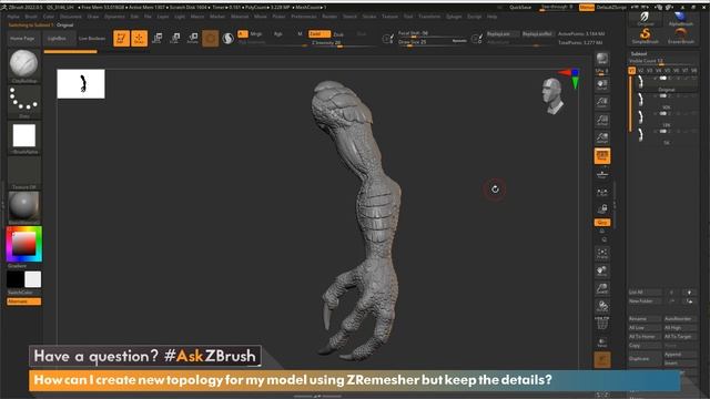#AskZBrush - How to Maintain Sculpted Details Using Project History on a ZRemeshed Model?