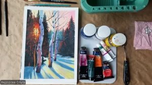 Акрил. Закат в мартовском лесу