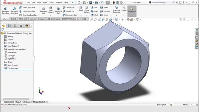 Nut Solid works 3D Model | Exercise No. 20 l Thread | Mirror | Extruded cut | Extruded Boss