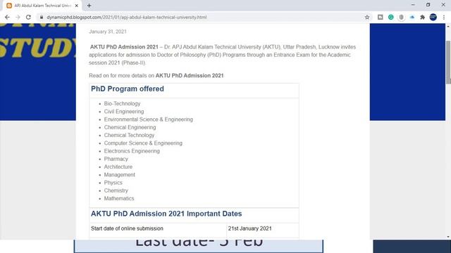 APJ Abdul Kalam (AKTU/UPTU) Technical University PhD Admission 2021