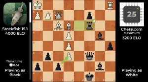 Stockfish 15.1 (0.5 sec) vs Chess.com [Maximum (3200) Level 25]