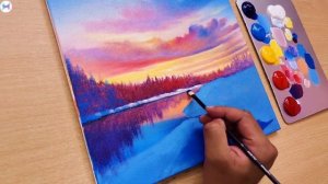 Нарисуйте акрилом зимний закатный пейзаж с озером