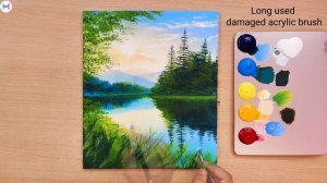 Нарисуйте акрилом пейзаж с лесом и цветами, озером, на фоне гор