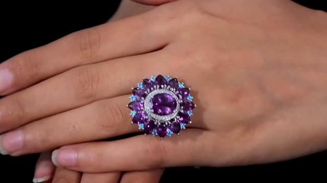 Amethyst, Blue Apatite & Zircon Cocktail Ring in Rhodium over Sterling Silver 14.85ctw
