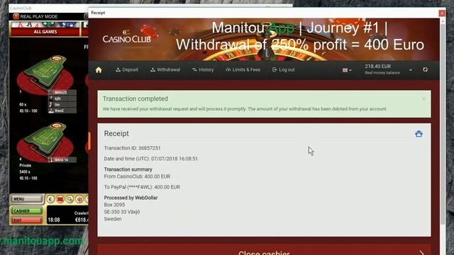Manitou App | Journey #1 | Withdrawal 250% profit = 400 Euro | Casino Club | live online roulette смотреть онлайн