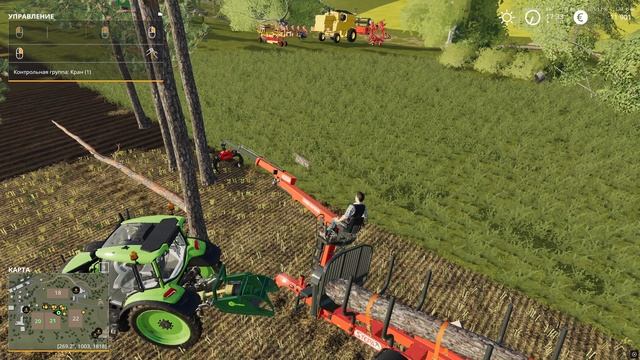 Симулятор Фермерства Farming Simulator 19.Гружу спиленные деревья в прицеп с помощью манипулятора.