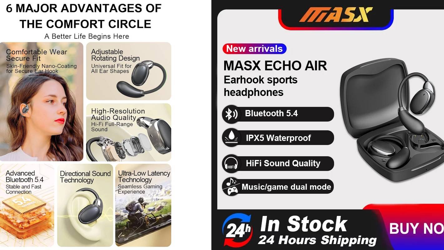Распаковка MASX ECHO AIR Bluetooth 5.4 ( Беспроводные спортивные TWS наушники IPX 5 )